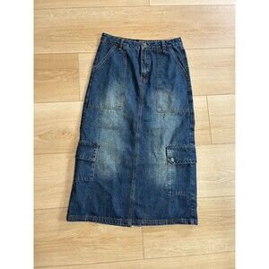 Social Collision Womens Denim Midi Skirt Blue Cargo Pockets Size SM